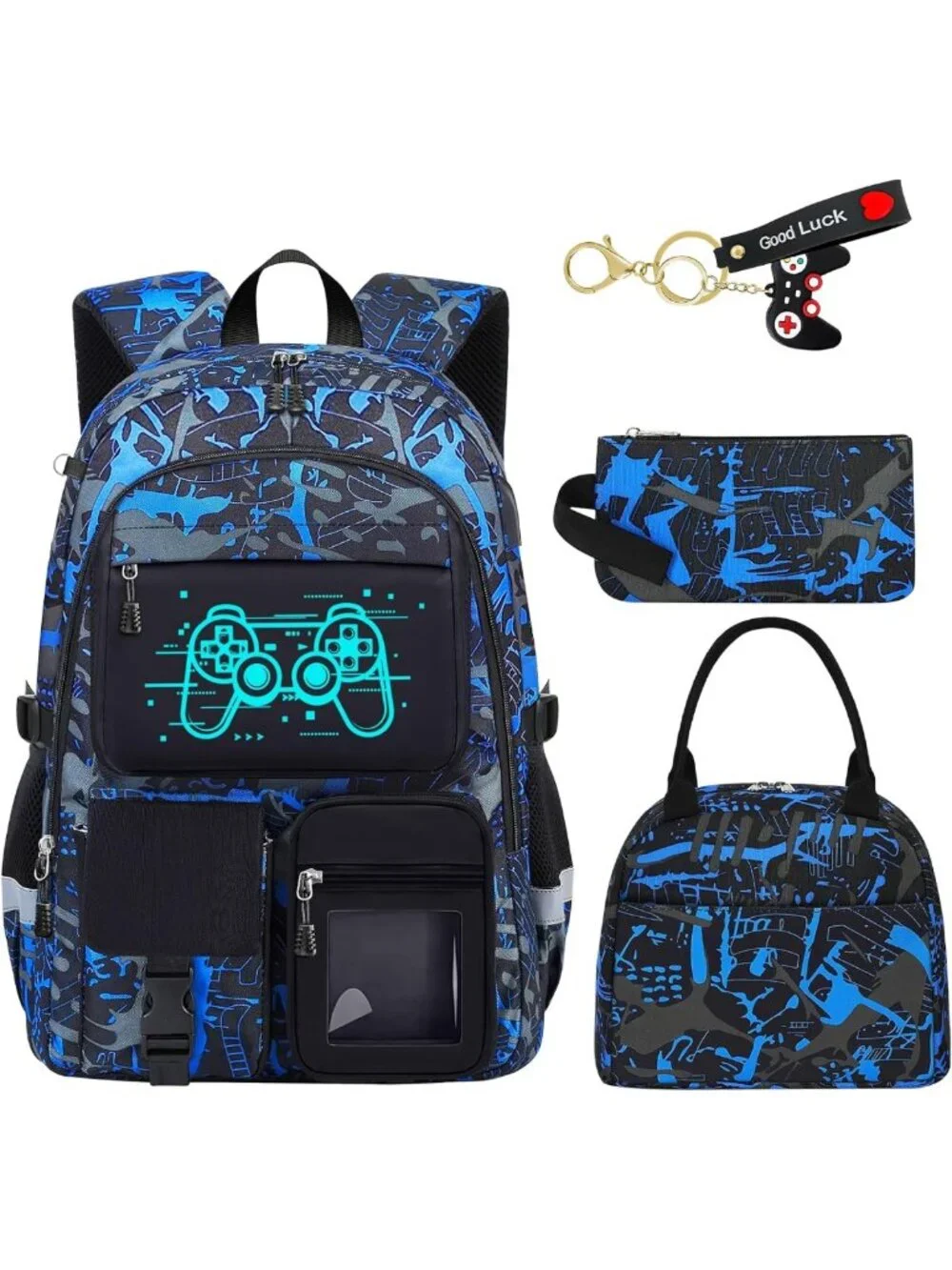 Gamer Boys School Backpack Set - 4pc with Lunch Box, Large Capacity